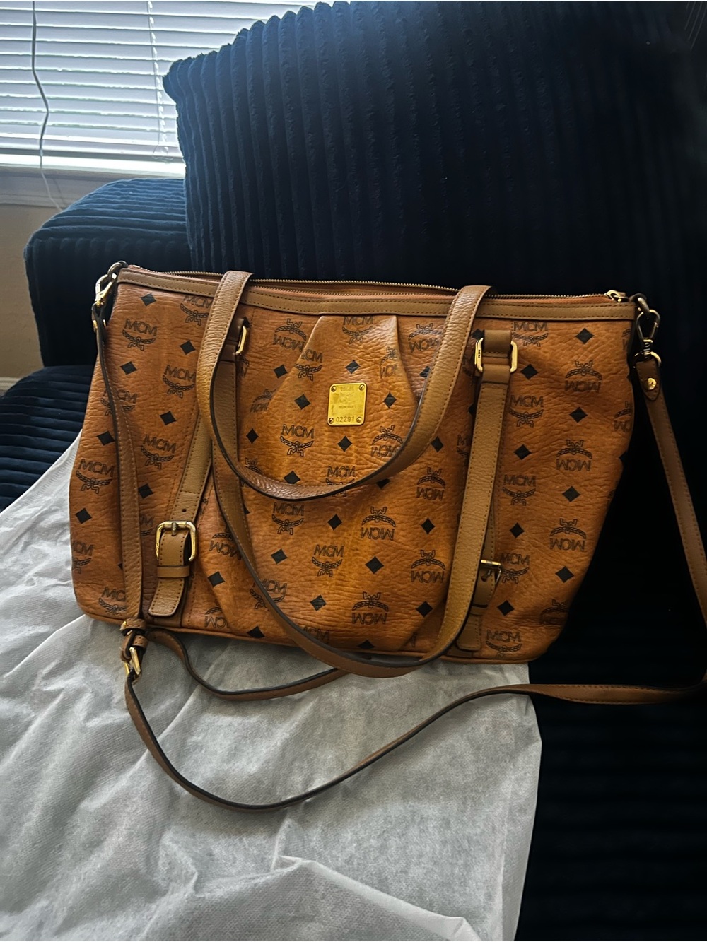 MCM Cognac Visetos Logo Shoulder Tote with Gold Plaque